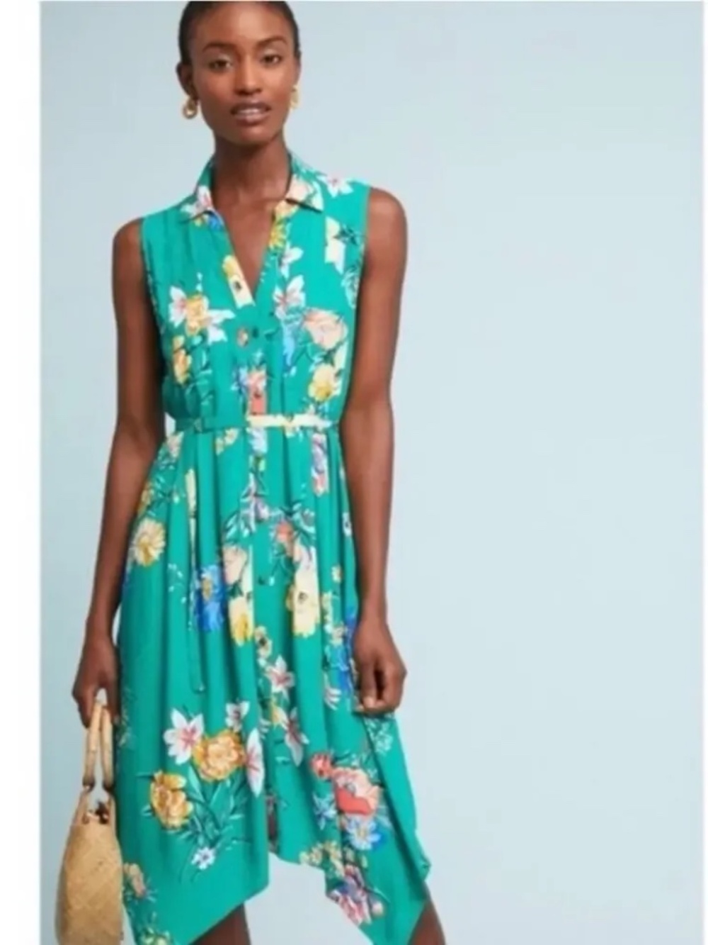 Anthropologie Maeve Rory Women Green Floral Midi Dress Size 2 NWT